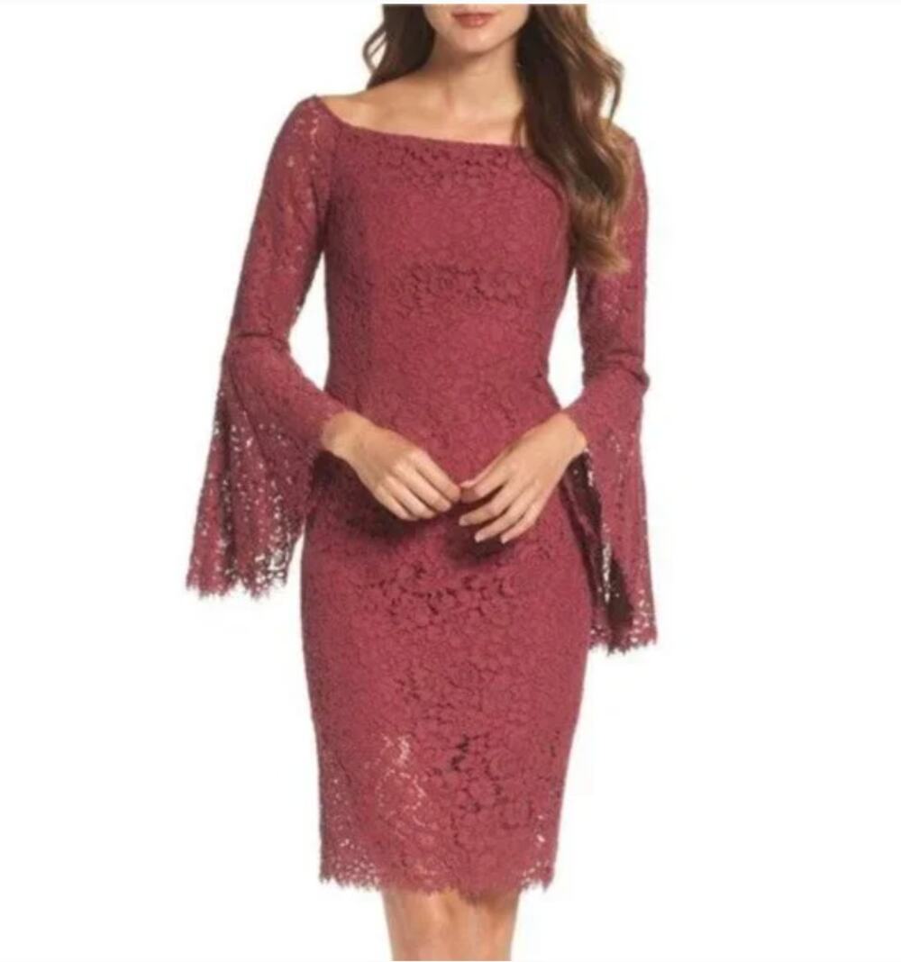 BARDOT Maroon Off the Shoulder Bell Sleeve Lace Dress // 10